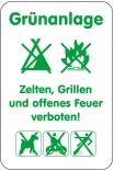 Sonderschild, Grünanlage Zelten, Grillen und offenes Feuer verboten!, 400 x 600 mm