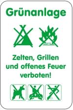 Modellbeispiel: Sonderschild, Grünanlage - Zelten, Grillen und offenes Feuer verboten! (Art. 14991)