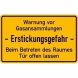 Hinweisschild, Warnung vor Gasansammlungen, Erstickungsgefahr, Beim Betreten des Raumes Tür ...