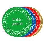 Prüfplaketten mit Jahresfarbe (6 Jahre), 2022/2027-2025/2030, Elektr. geprüft, 15er-Bogen