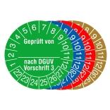 Prüfplaketten mit Jahresfarbe, 2022/2027-2029/2034, Geprüft von... nach DGUV Vorschrift 3