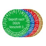 Prüfplaketten mit Schutzlackierung, mit Jahresfarbe (6 Jahre), 2022/2027-2029/2034, Geprüft nach DGUV Vorschrift 3, Bogen