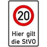 Verkehrsschild, Hier gilt die StVO, zulässige Höchstgeschwindigkeit 20 km/h