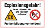 Hinweisschild zur Betriebskennzeichnung, 'Explosionsgefahr! Feuer, offenes Licht und ...'