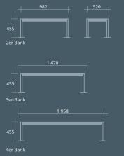 Technische Ansicht: Maße der Sitzbank -Freelax- 2-,3- und 4-Sitzer