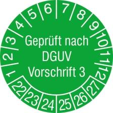 Modellbeispiel: Prüfplaketten mit Jahresfarbe (6 Jahre), Geprüft nach DGUV Vorschrift 3, 2022-2027