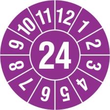 Modellbeispiel: Prüfplaketten ohne Jahresfarbe (1 Jahr), Jahreszahl 2-stellig, violett-weiß, 2024