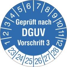 Modellbeispiele: Prüfplaketten mit Jahresfarbe (6 Jahre), nach DGUV Vorschrift 3, weiß-blau, 2023-2028