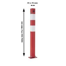 Technische Ansicht: zeigt Absperrpfosten -Bollard- 70 x 70 mm mit 8 mm Dreikantverschluss mit Bodenplatte 100 x 150 mm umlegbar (Artikelnr. 470un)