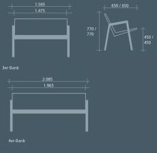 Technische Ansicht: Maße der 3er und 4er Sitzbank -Angle- (Art. 20848 und 20849)