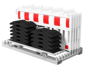 10 Absperrschrankengitter ′Ultra′ und 11 Fußplatten auf Lager-/Transporttraverse, Folie RA1 oder RA2, mit oder ohne Lampenadapter