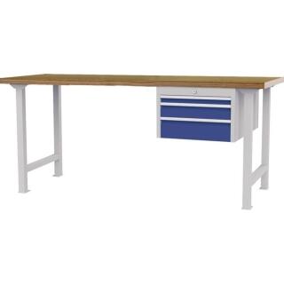 Werkbank B2000mm, Buche-Multiplex, lichtgrau/signalblau, 3 Schubladen, höhenverstellbar 790-1140mm