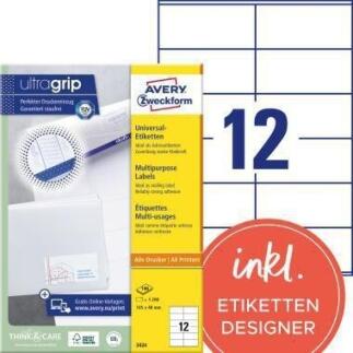 Avery Zweckform Universaletikett 3424, 105x48mm, 1.200 St., ultragrip, selbstklebend, weiß