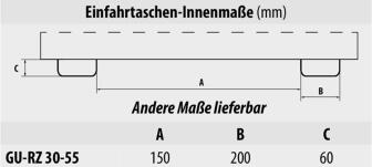 Technische Ansicht: Kippbehälter für Routenzüge -Typ GU-RZ-, Innenmaße der Einfahrtaschen (Art. 38630 und 38631)