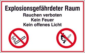 Modellbeispiel: Hinweisschild, Explosionsgefährdeter Raum, Rauchen verboten, Kein Feuer, Kein... (Art. 41.d9050)