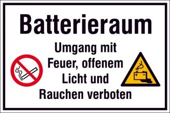 Modellbeispiel: Hinweisschild, Batterieraum, Umgang mit Feuer, offenem Licht und Rauchen verboten (Art. 41.d9065)